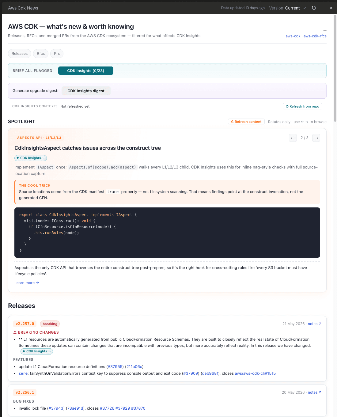 A Foresights dashboard tracking AWS CDK releases, RFCs and PRs, with items flagged for CDK Insights