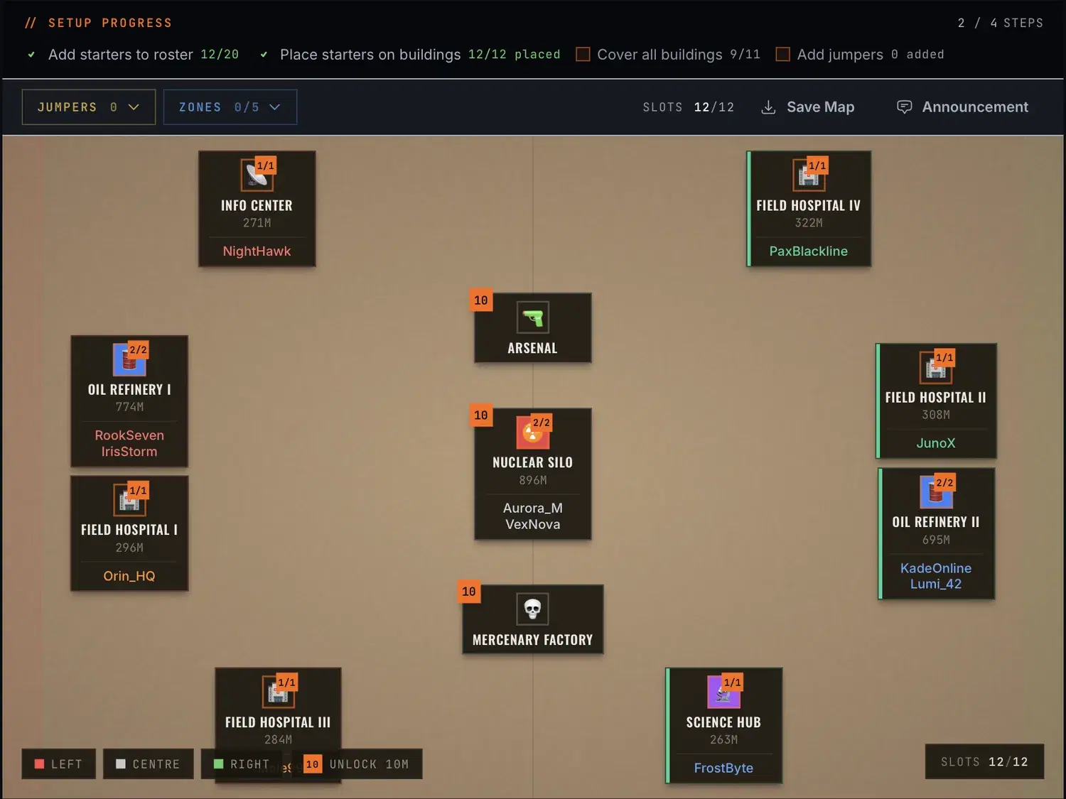 The Last Command Desert Storm planner with a sample alliance roster placed across the battlefield